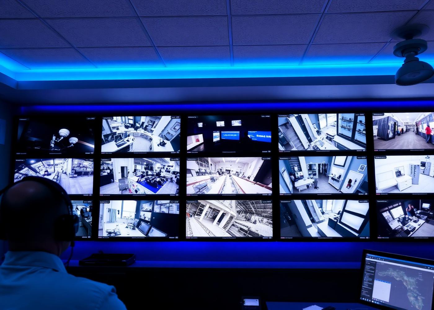 Security operations centre with CCTV monitoring wall